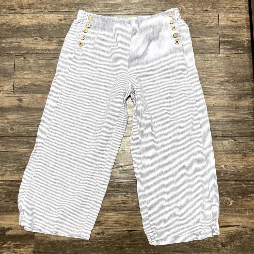 J Jill Love Linen Stripe Button Front Wide Leg Cropped Pants S Lagenlook Coastal - Picture 2 of 6